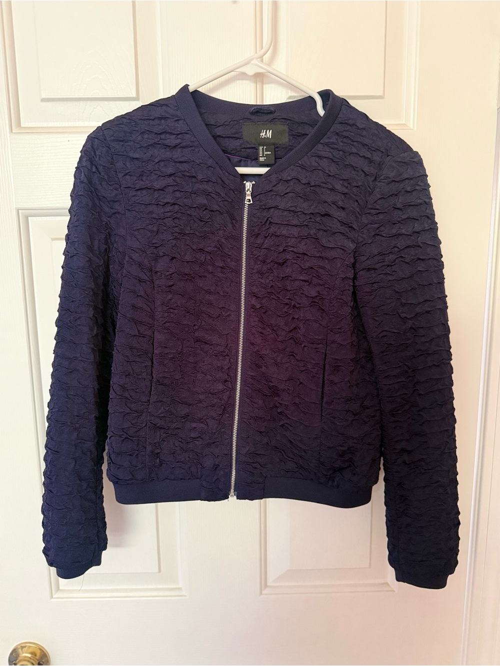 H&M Navy Textured Ruffle Bomber Jacket